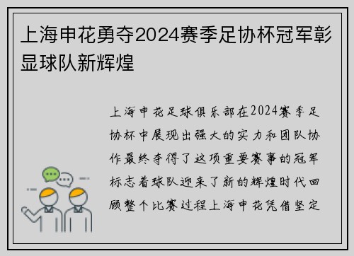 上海申花勇夺2024赛季足协杯冠军彰显球队新辉煌